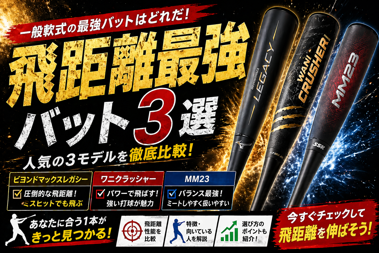 2026年版】一般軟式バット最強はどれ？レガシー・ワニクラ・MM23比較 